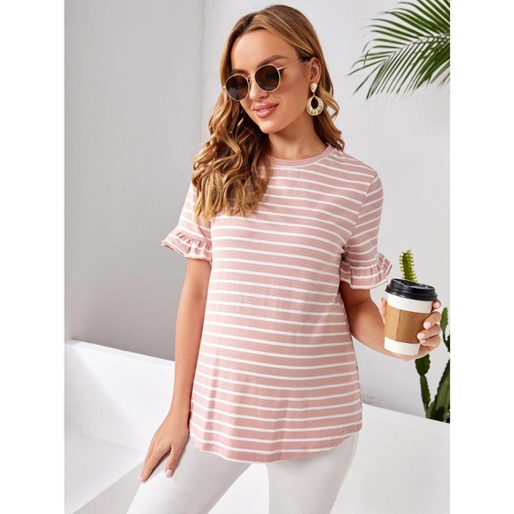 MATERNITY Flounce Short Sleeve Striped Tee shirt pink - Picture 3 of 5
